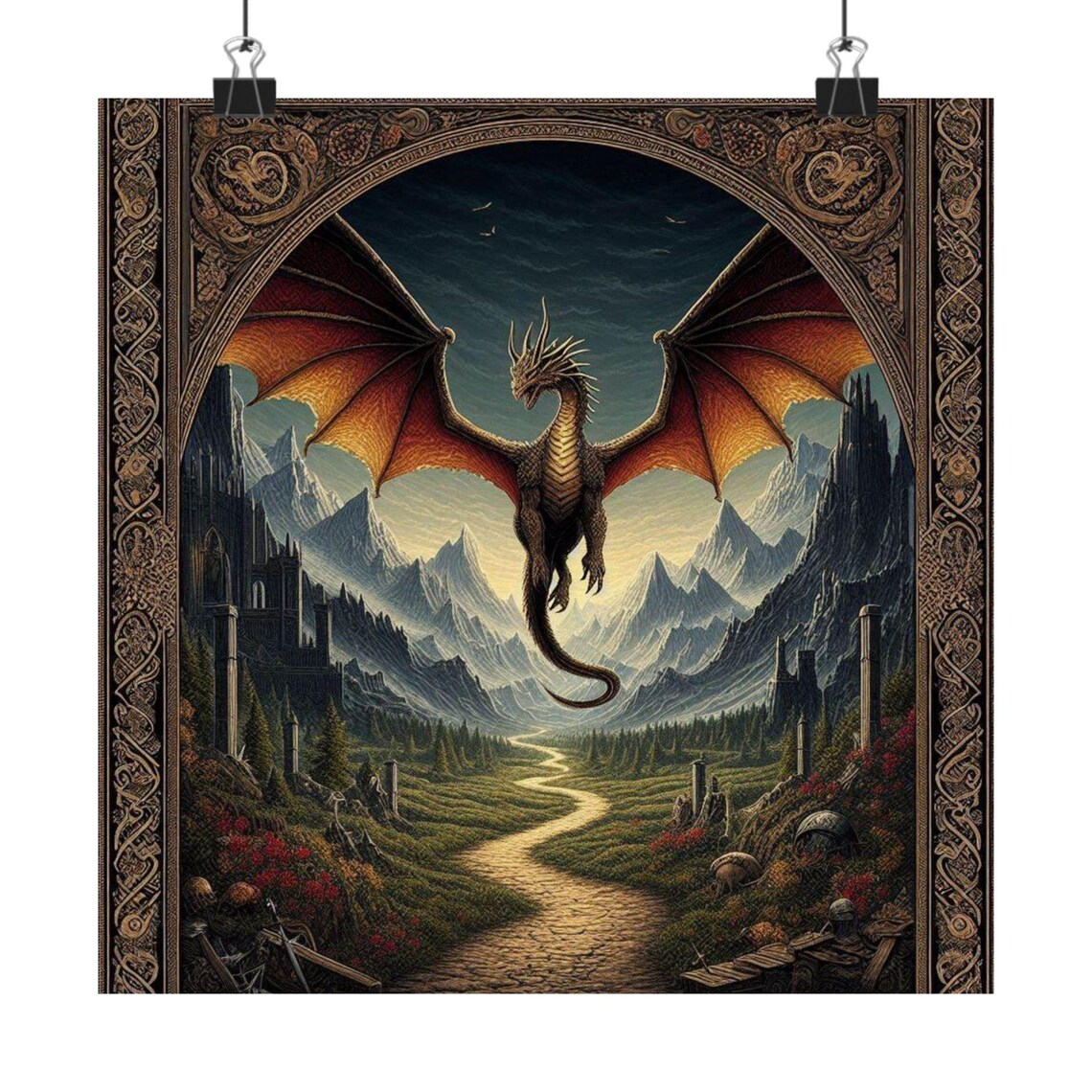 Majestic Dragon Soaring Over a Mountain Valley Fantasy Art Poster