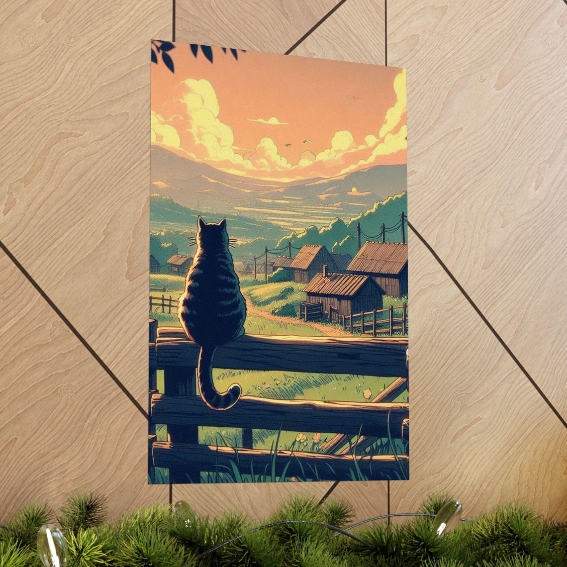 Tabby Cat Sitting on a Fence Watching a Village Sunset Poster - Image 4