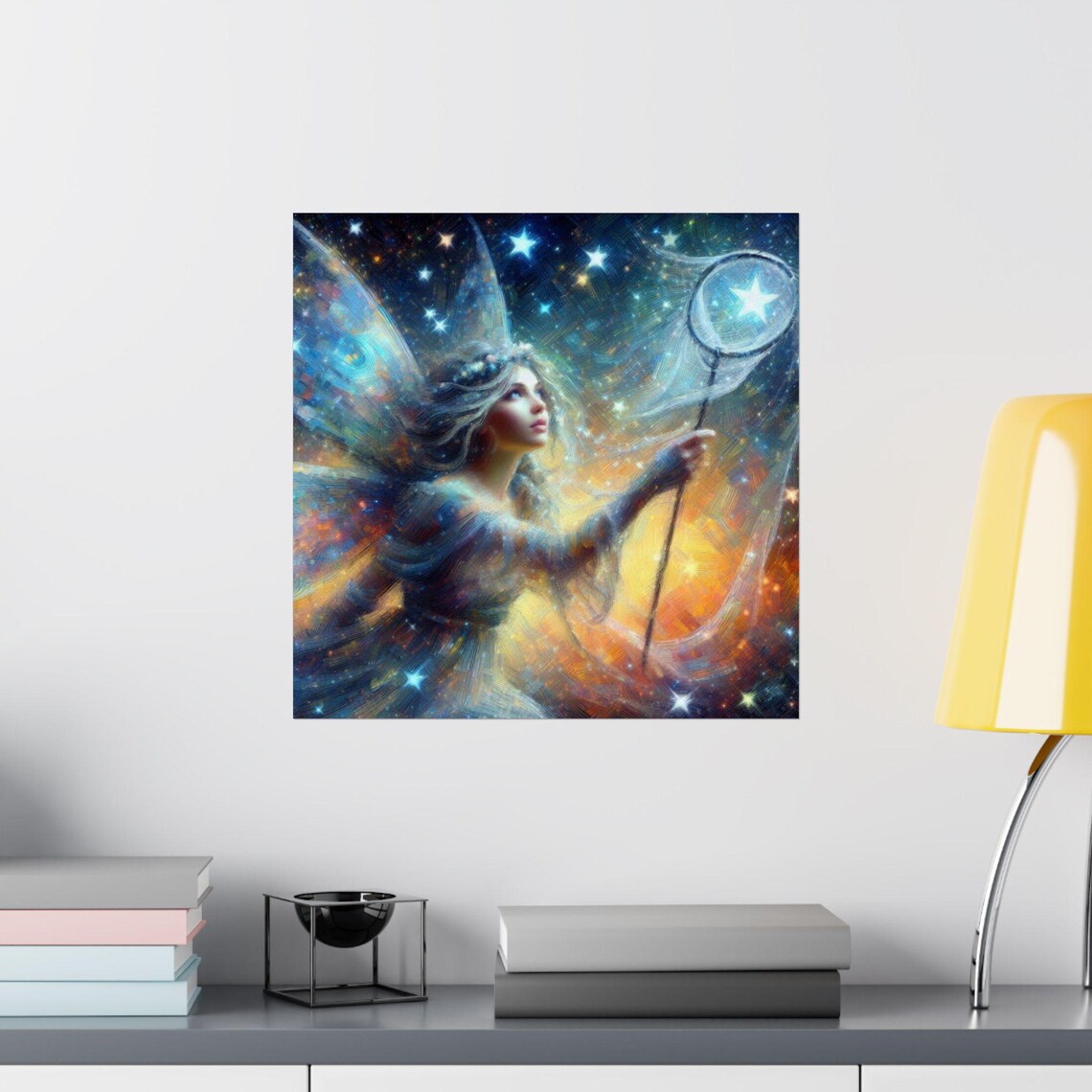 Fairy Catching Glowing Stars with Net in Night Sky Fantasy Poster - Image 3