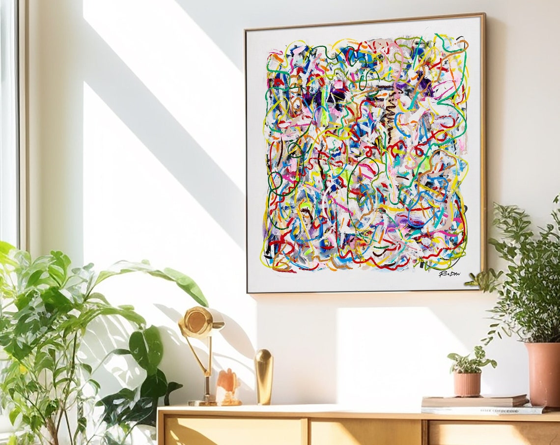 Dense Multicolor Scribble Lines Over White Modern Abstract Poster - Image 5