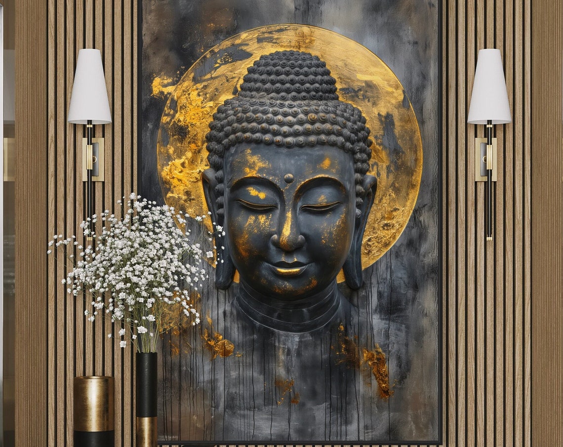 Black Gold Buddha Face Golden Halo Serene Zen Meditation Art Poster - Image 5