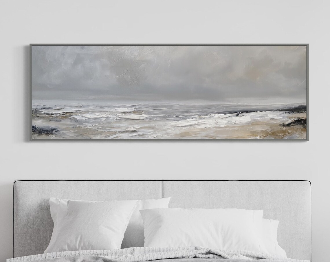 Serene Ocean Painting Print Panoramic Abstract Seascape For Above Bed Decor Atmospheric Grey Wall Art Perfect Nautical Home Decore