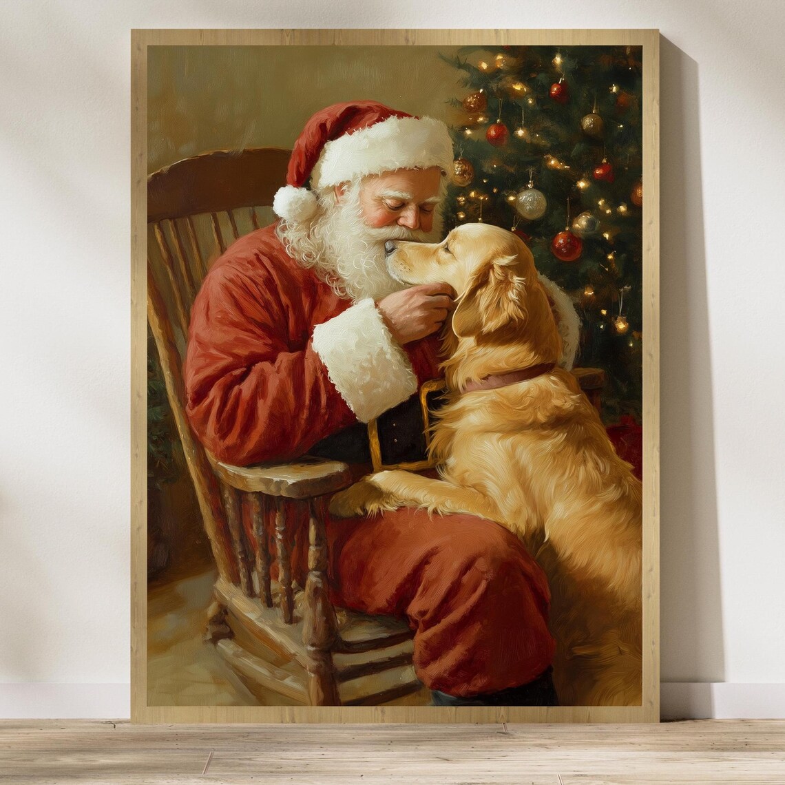 Santa Claus Cuddling A Golden Retriever Warm Vintage Christmas Poster