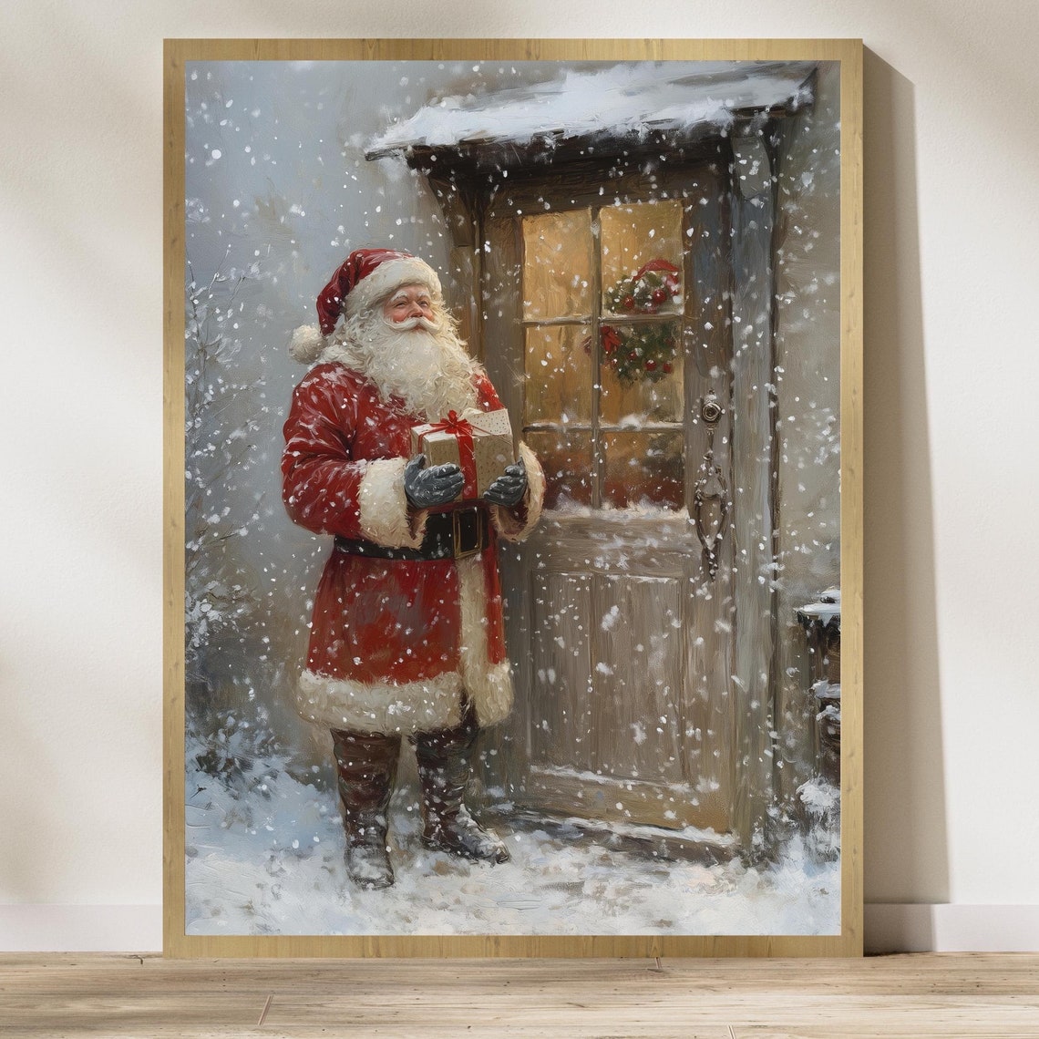 Santa Claus Leaving Gifts At A Doorstep On A Snowy Evening Poster