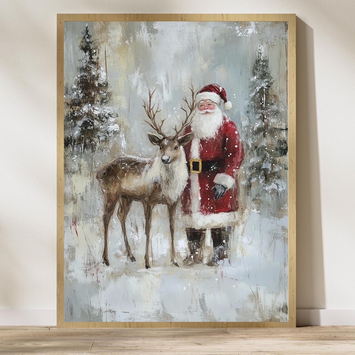 Santa Claus And Reindeer Standing Together In A Snowy Forest Poster