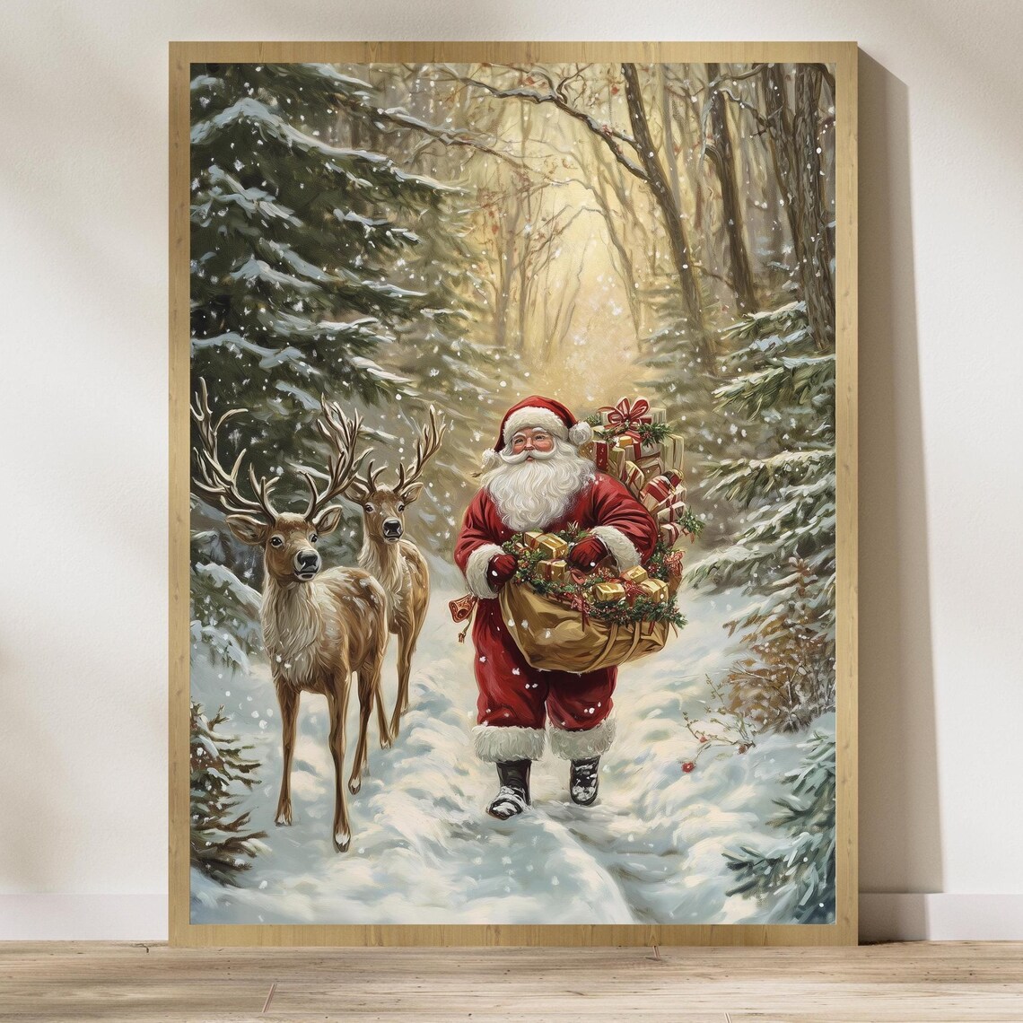 Santa Claus and Deer Rustic Christmas Art Print