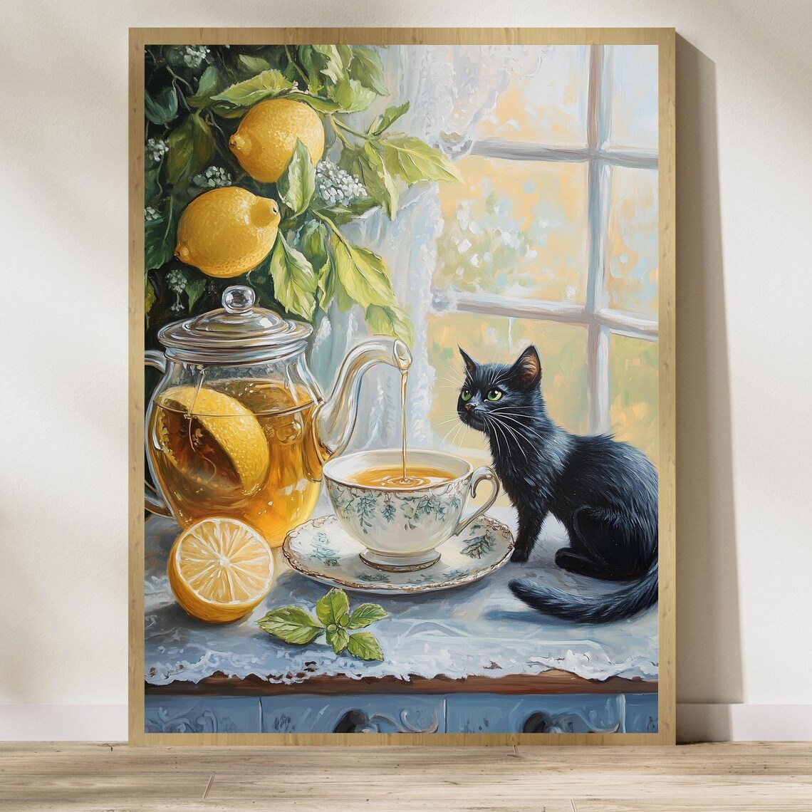 Black Cat Lemon Tea Poster Sunlit Window Still Life Oil Painting Art