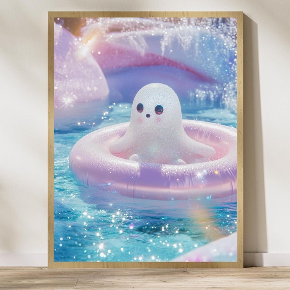 Kawaii Ghost Halloween Art Print, Whimsical Decor