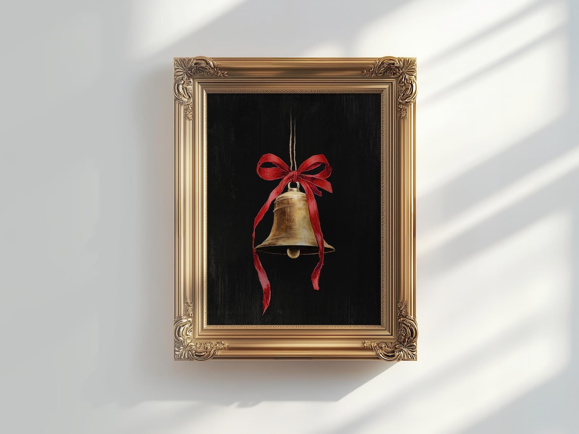 Vintage Christmas Bell Art Print, Moody Holiday Decor