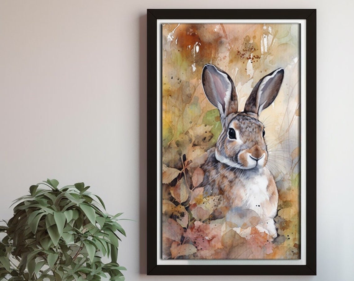 Cute Rabbit Autumn Watercolor Wildlife Bunny Nursery Art Poster