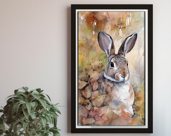 Cute Rabbit Autumn Watercolor Wildlife Bunny Nursery Art Poster