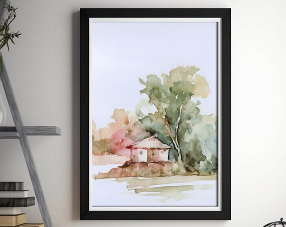 Serene Lake Watercolor, Boho Style
