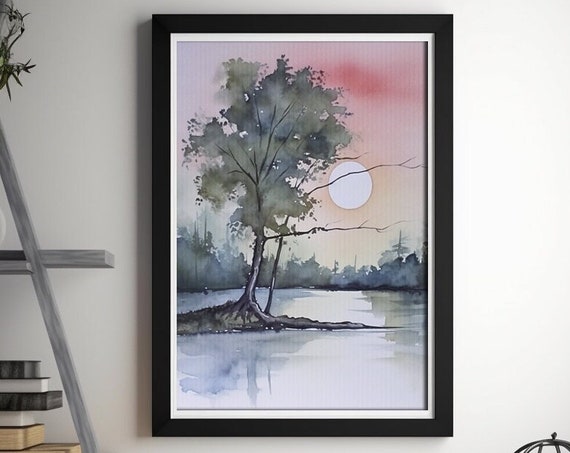 Boho Sunrise Over Lake Watercolor Art Print Serene Nature Decor Earthy Colors