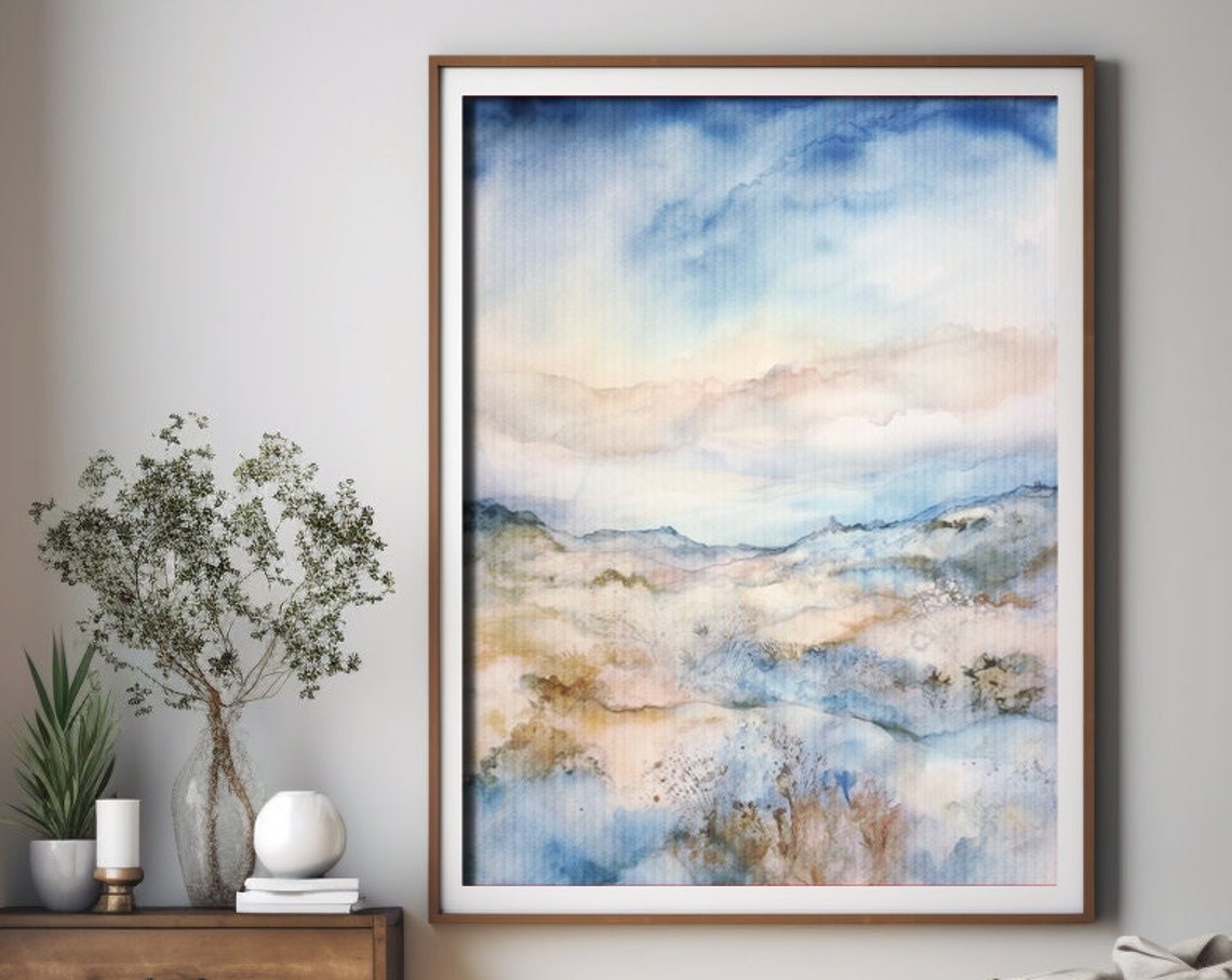 Blue White Gold Abstract Watercolor Coastal Landscape Poster