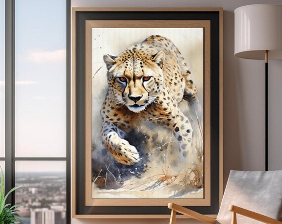 Cheetah Running Watercolor Art Print Wild Cat Safari Wildlife Wall Poster Art