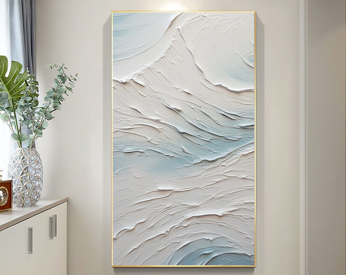 Vertical White Pale Blue Swirl Wave Textured Abstract Painting Poster
