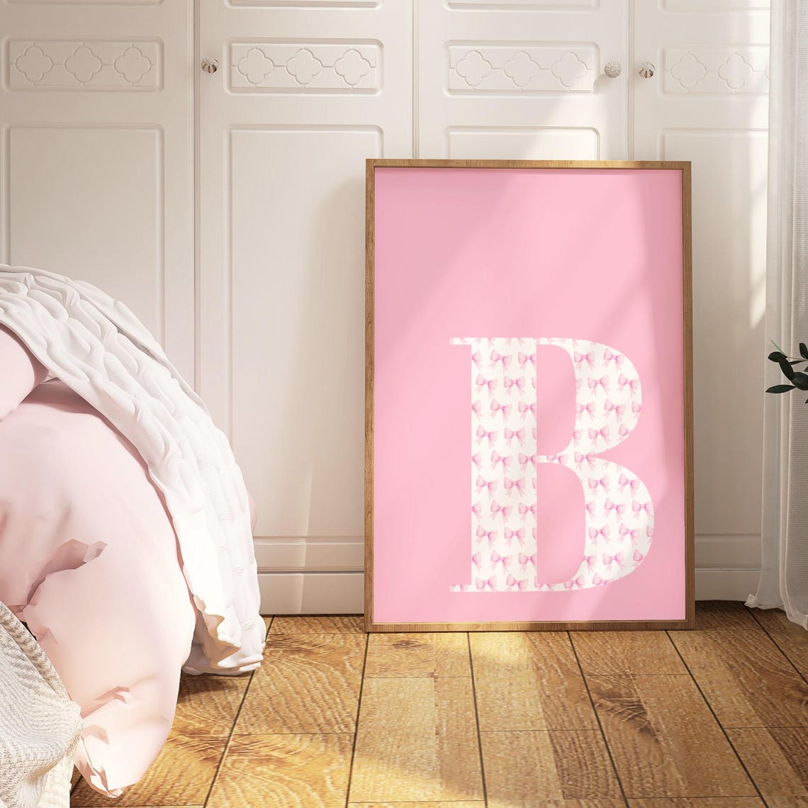 Letter B Initial White Pink Bow Pattern Sweet Kids Room Poster - Image 2