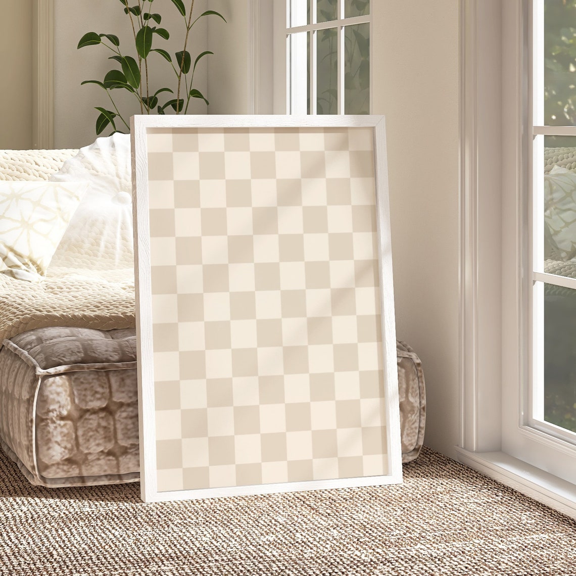Beige Cream Checkerboard Retro Checkerboard Pattern Wall Poster - Image 3