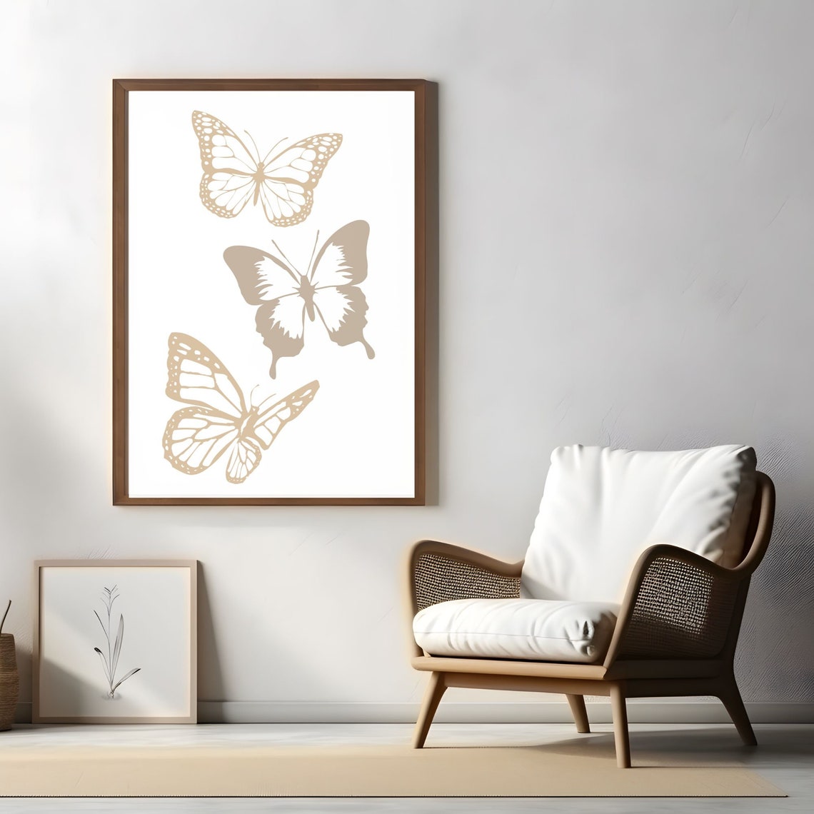 Beige Butterfly Trio Minimalist Aesthetic Botanical Art Poster - Image 3