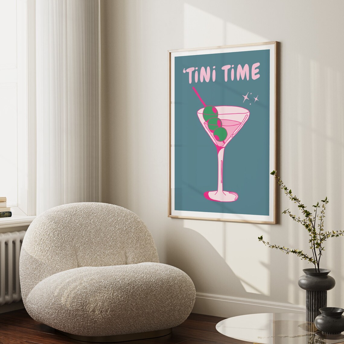 Tini Time Pink Martini Glass Teal Background Retro Cocktail Poster - Image 4