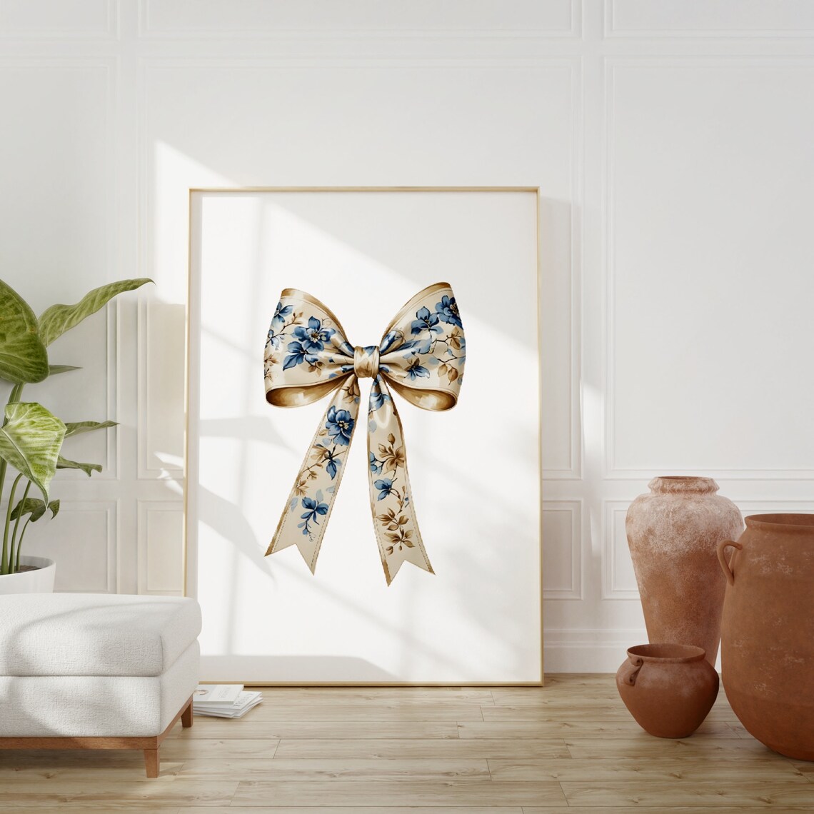 Chinoiserie Floral Bow Cream Ribbon Blue Botanical Art Poster - Image 5