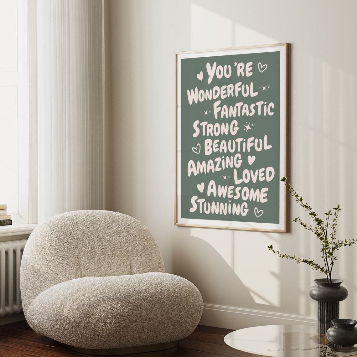 You Are Wonderful Affirmation Words Sage Green Funky Quote Poster - Image 4