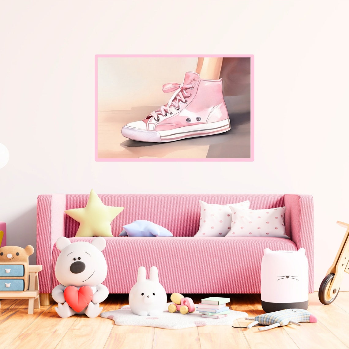 Pink High Top Sneaker Close Up Retro Preppy Shoe Illustration Poster - Image 2