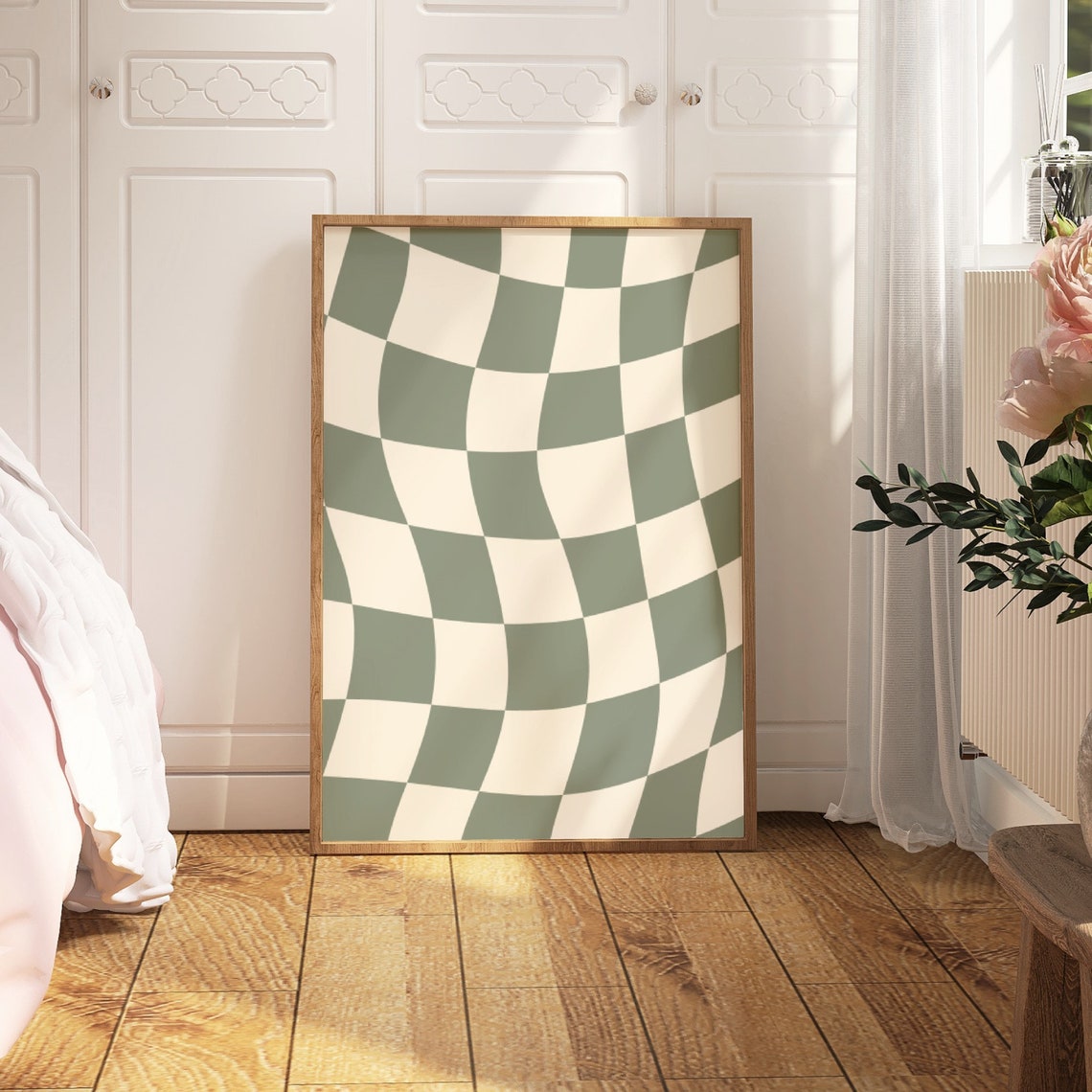 Sage Green Wavy Checkerboard Poster Groovy Retro Check Wall Decor Art - Image 3