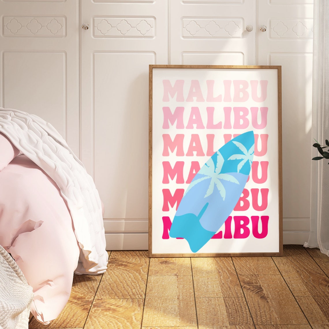 Malibu Retro Pink Typography Poster Blue Surfboard Palm Beach Art