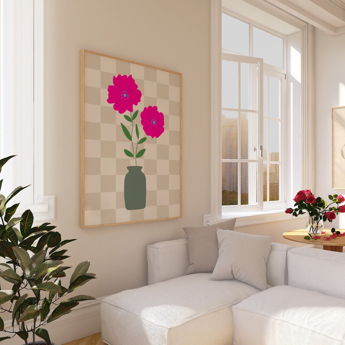 Pink Flowers in Sage Vase on Beige Checkered Retro Floral Art Print - Image 2
