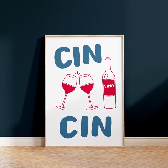Cin Cin Wine Cheers Retro Kitchen Poster Red Vino Bottle Bar Art
