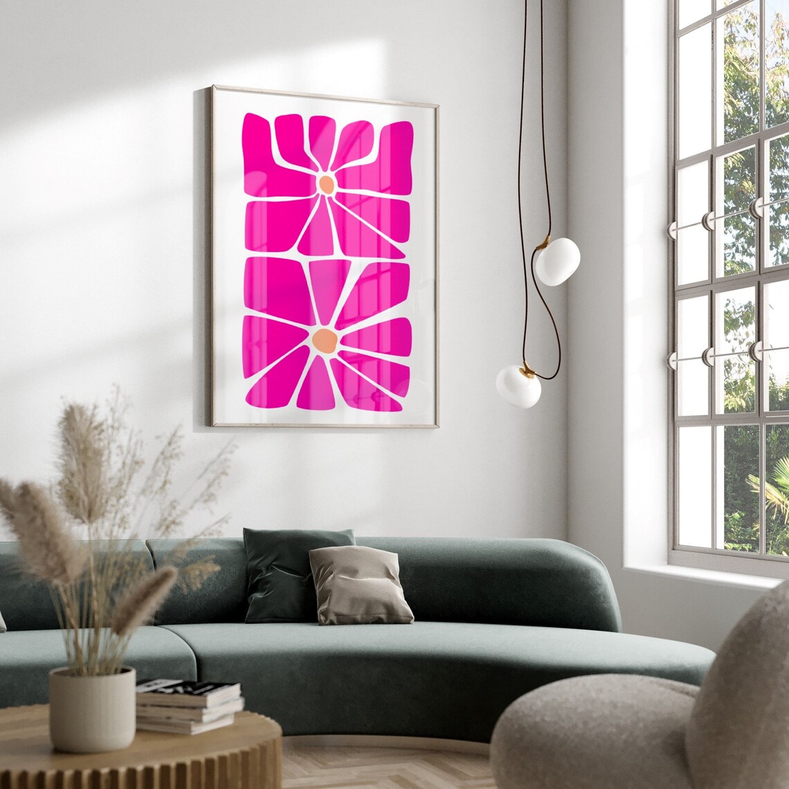 Hot Pink Groovy Flower Heads Orange Centers Boho Poster Art Decor - Image 2