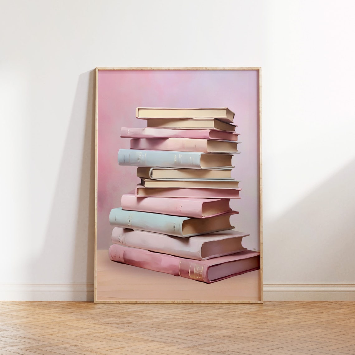 Pastel Books Stack Painting Poster Reading Nook Library Wall Decor - Image 2