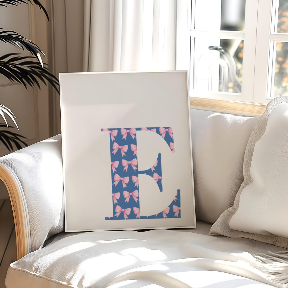 Letter E Initial Monogram Periwinkle Pink Bow Pattern Poster - Image 2