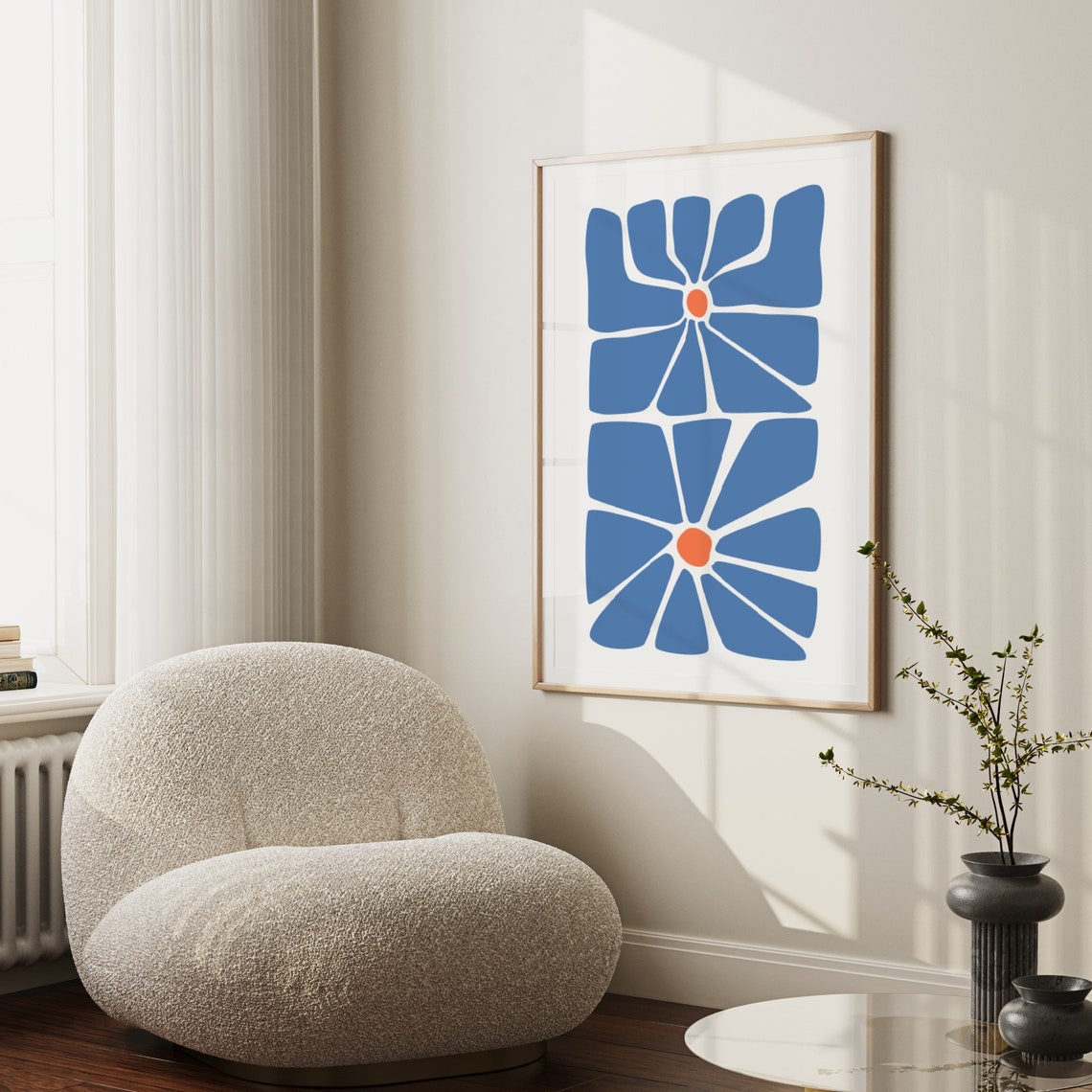 Blue Orange Abstract Flowers Retro Boho Botanical Modern Poster - Image 2