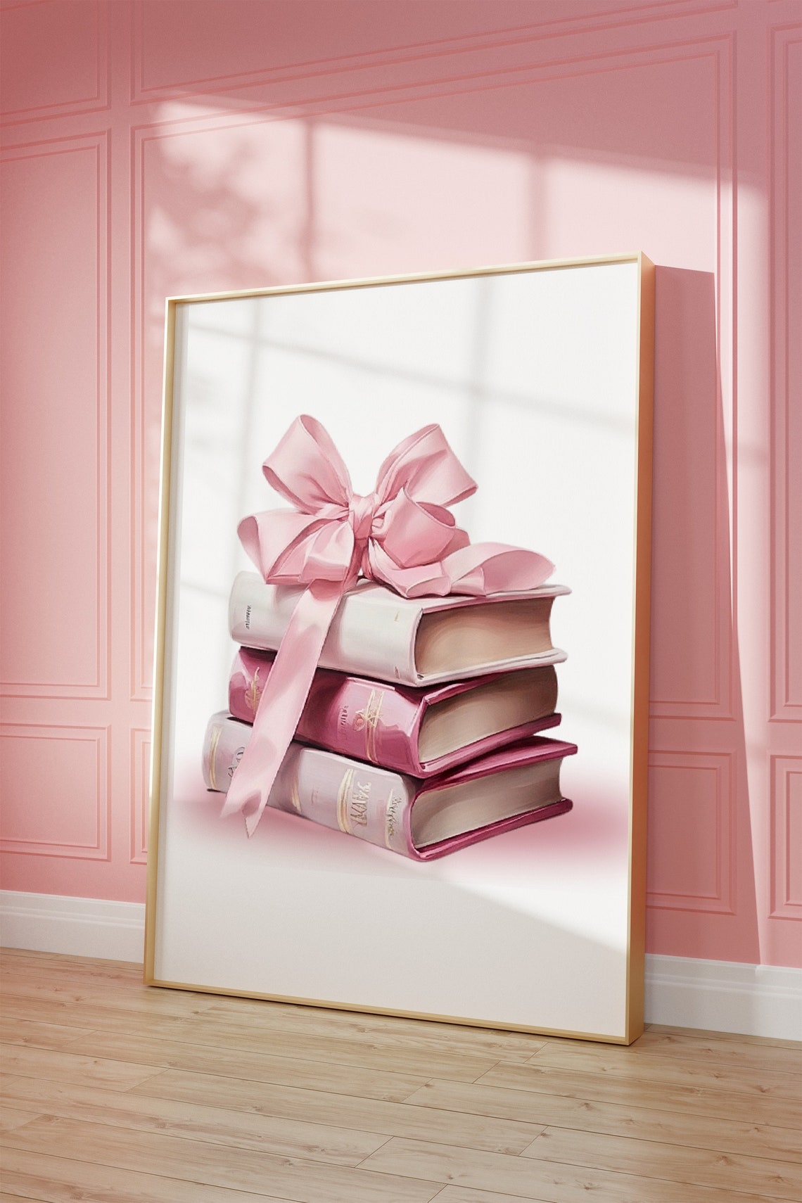 Pink Book Stack with Satin Bow Cute Bookworm Gift Art Poster - Image 2