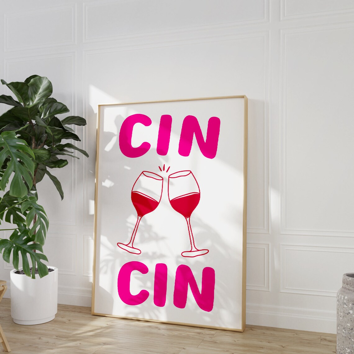 Cin Cin Pink Wine Glass Poster Retro Kitchen Bar Cart Cheers Wall Decor - Image 2