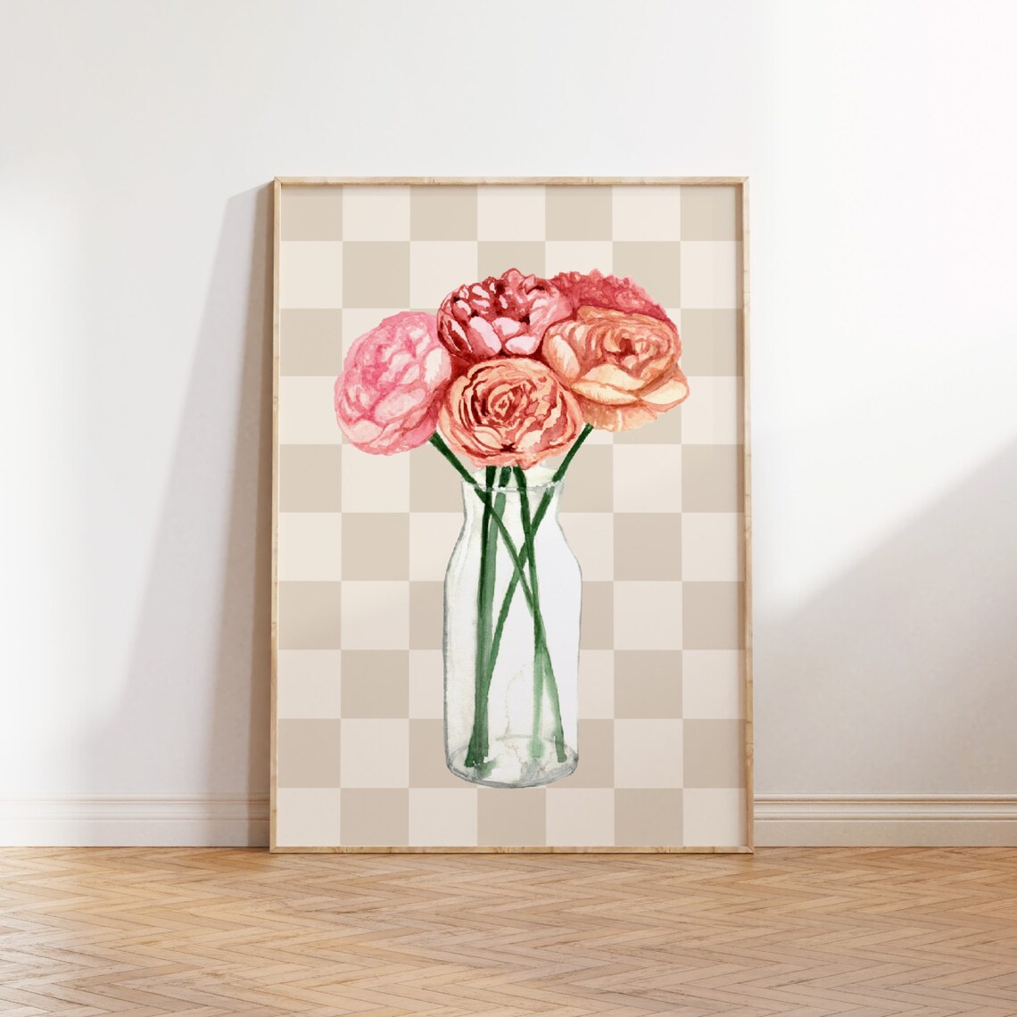 Pink Roses Glass Bottle Checkered Botanical Floral Art Poster
