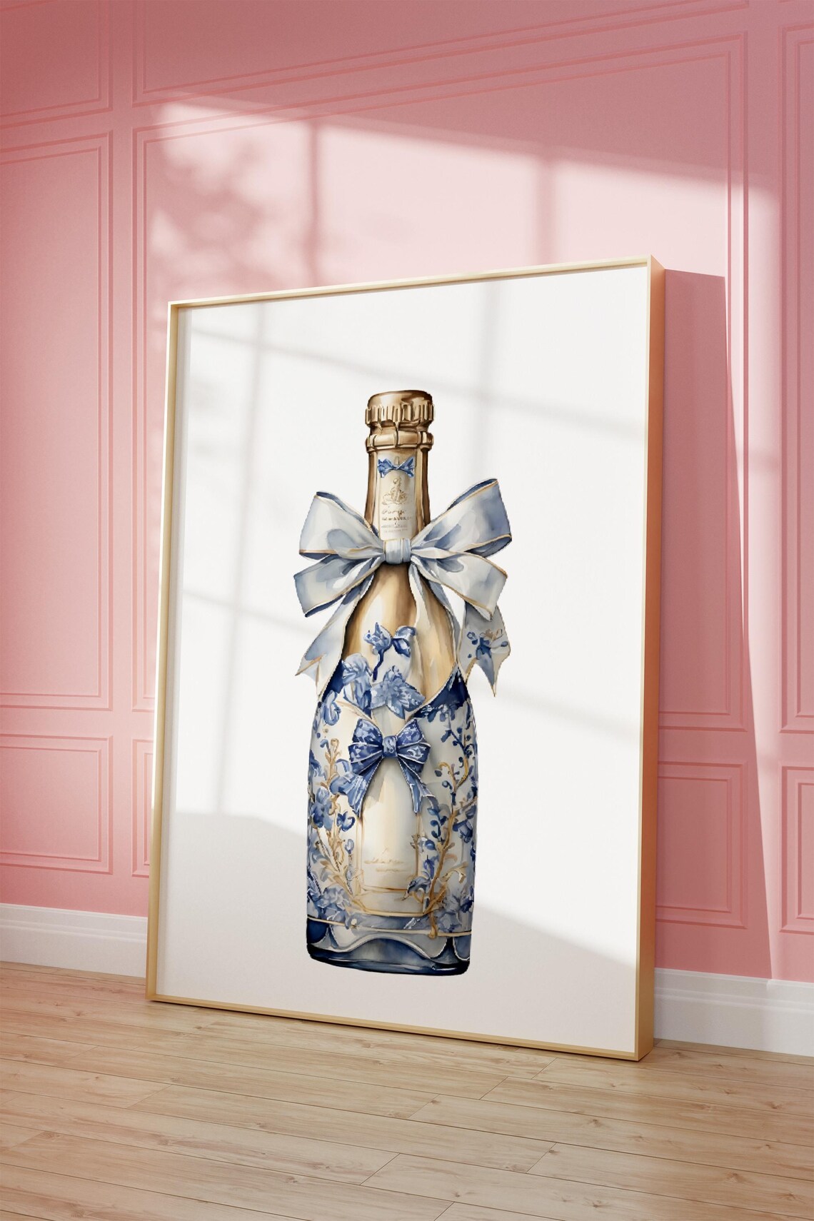 Champagne Bottle Blue Bow Chinoiserie Bar Cart Art Poster Bold Wall Decor - Image 2