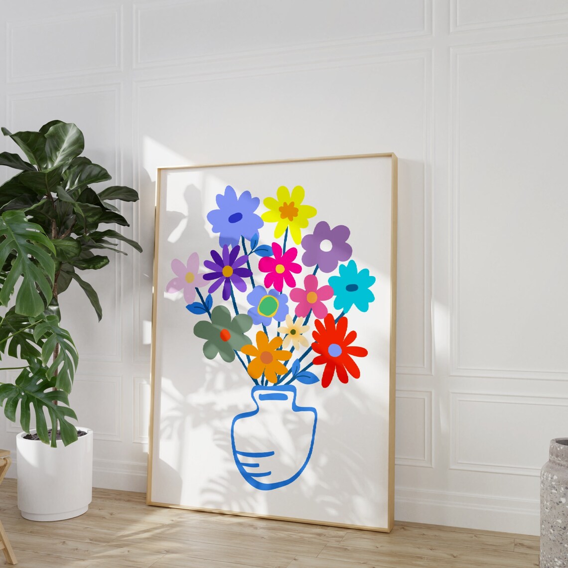 Colorful Flower Bouquet Blue Vase Playful Botanical Art Poster - Image 3