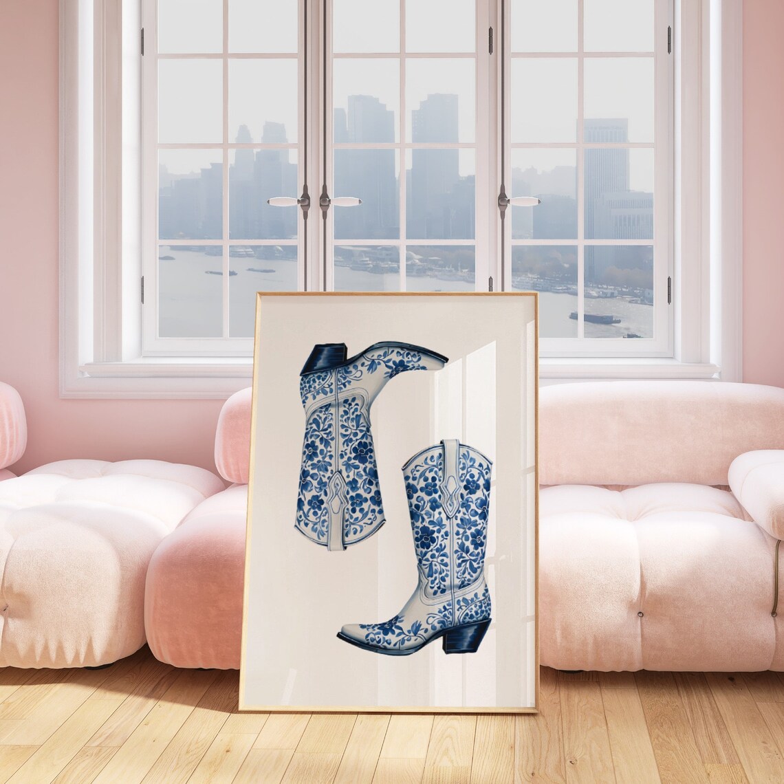 Delft Blue White Floral Cowboy Boots Coastal Western Chic Poster - Image 3