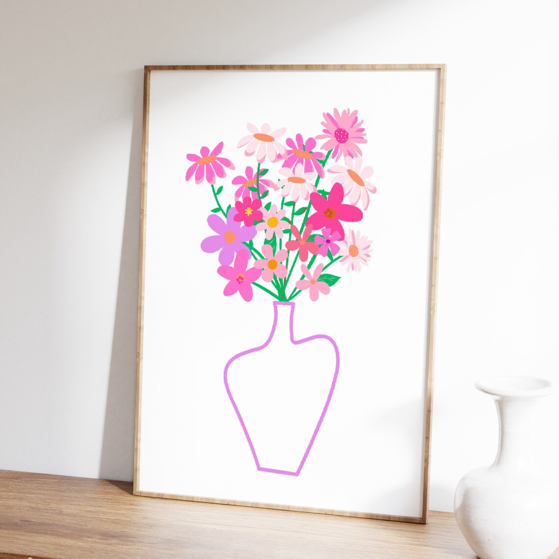 Pink Flower Bouquet Vase Line Art Dopamine Floral Wall Poster - Image 2