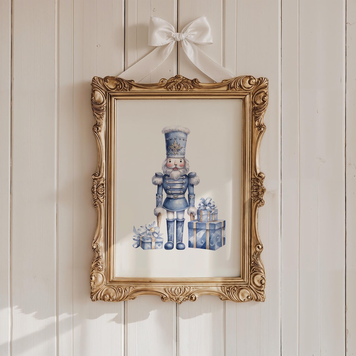 Pastel Blue Nutcracker Gifts Gold Frame Christmas Decor Poster