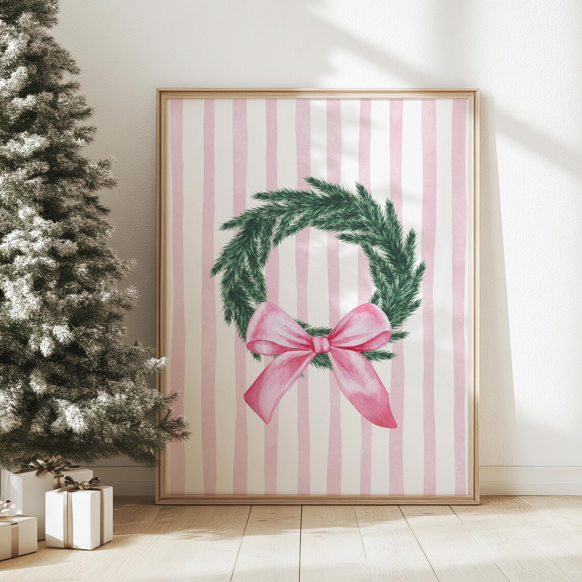 Pink Bow Christmas Wreath Watercolor Poster on Striped Background