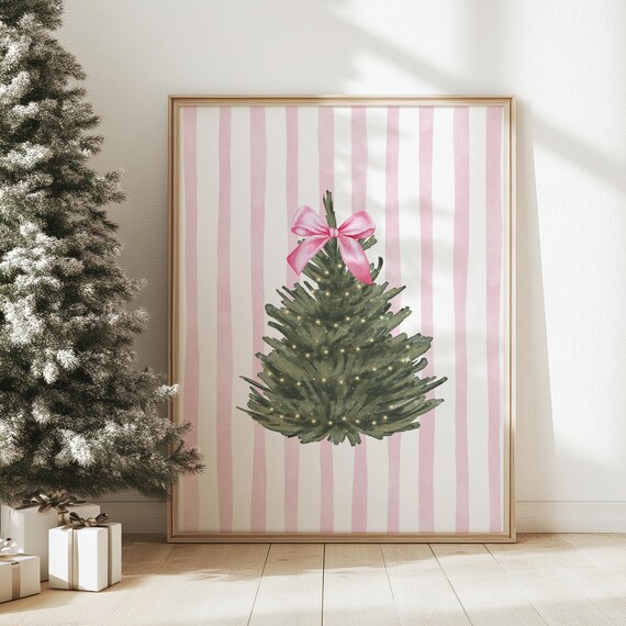 Coquette Pink Bow Christmas Tree Watercolor Striped Holiday Poster