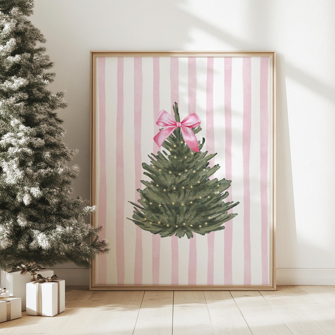 Coquette Pink Bow Christmas Tree Watercolor Striped Holiday Poster