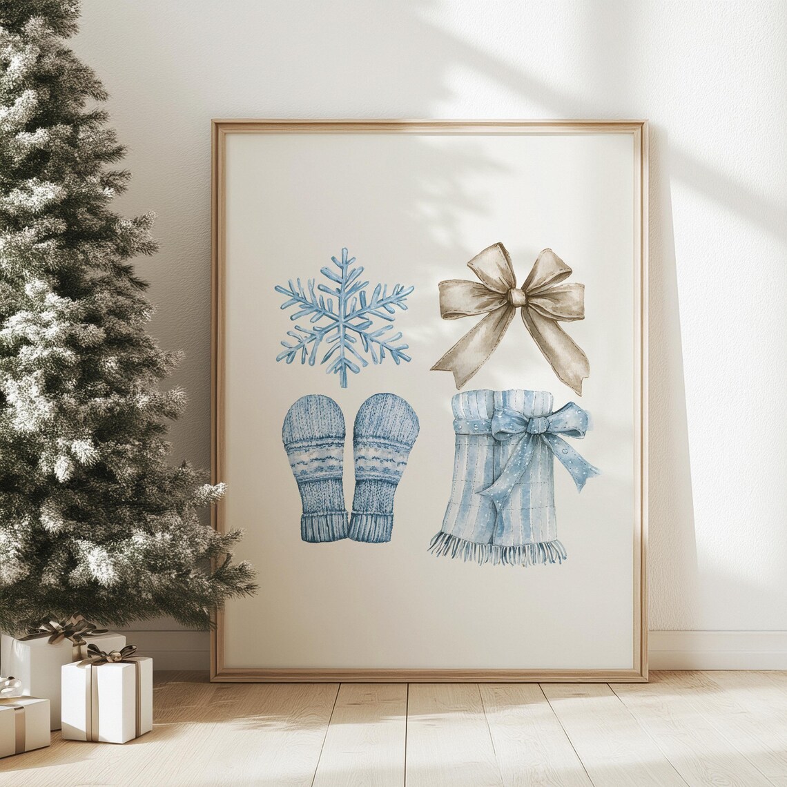 Blue Christmas Snowflake Mittens Scarf Winter Watercolor Poster