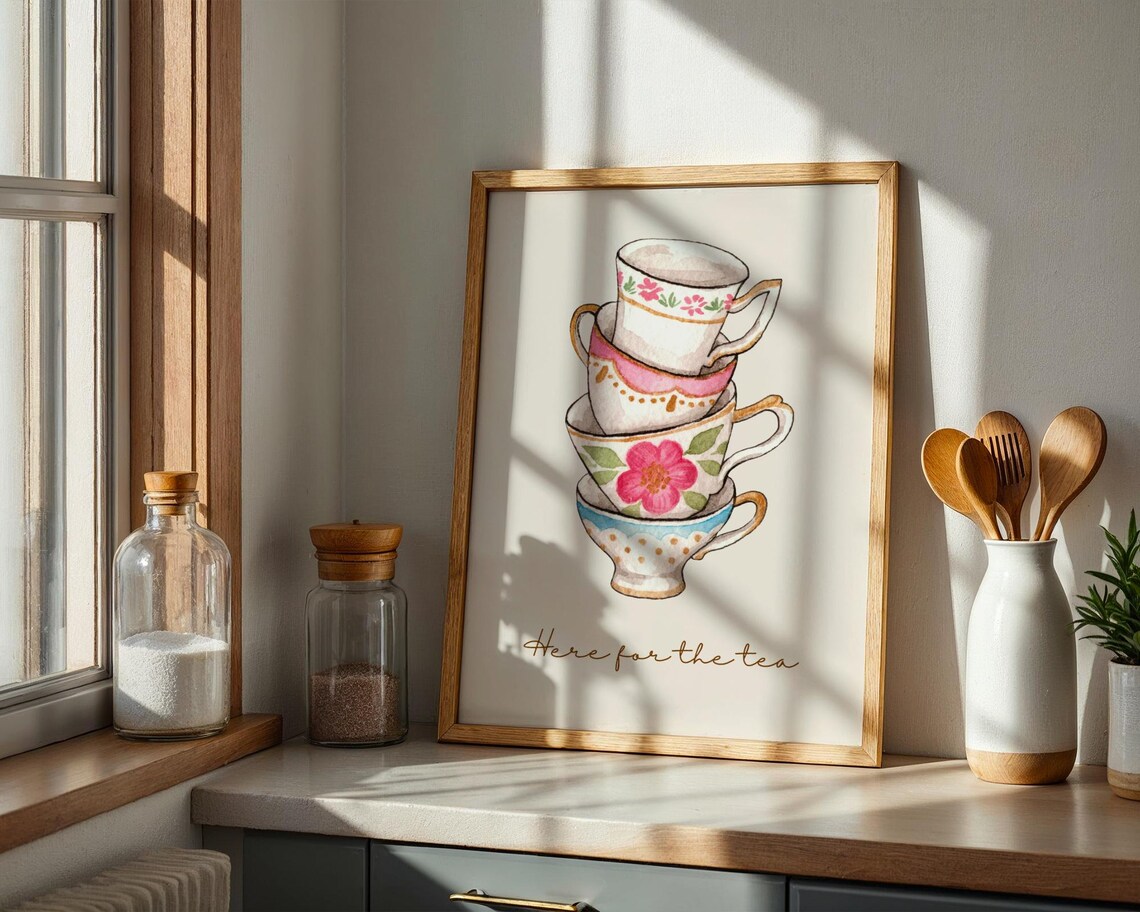 Here for the Tea Stacked Teacups Pink Floral Watercolor Wall Art