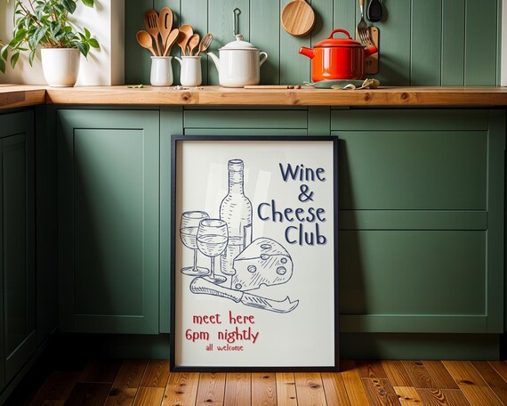 Wine Cheese Club Poster Funny Sign Nightly Drinks 6pm Happy Hour Wall Art Lover Gift