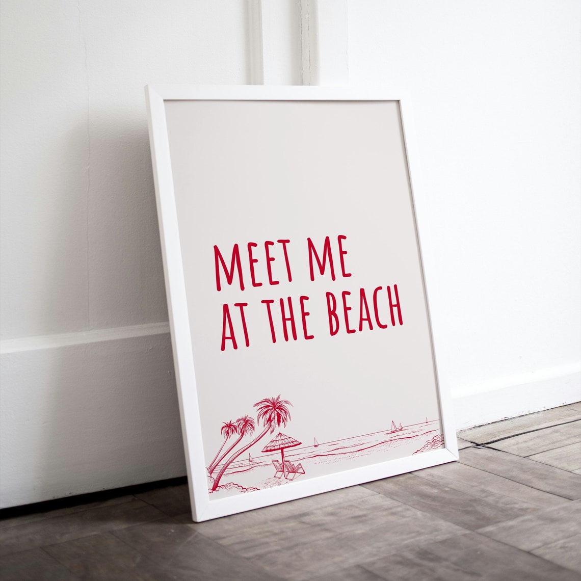Meet Me At The Beach Red Typography Palm Tree Coastal Wall Poster - Image 2